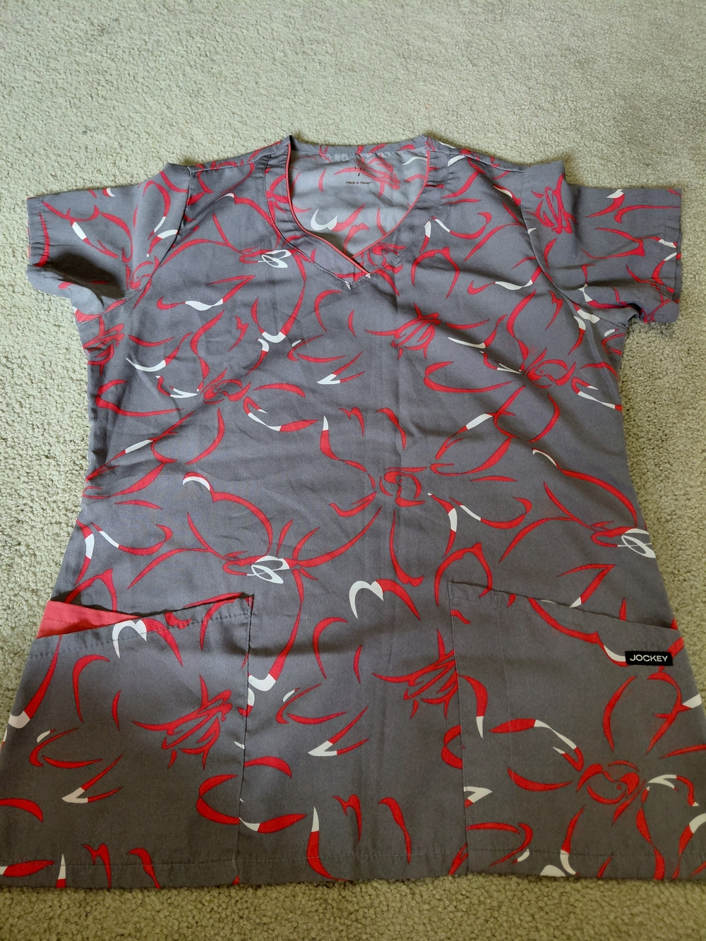 Jockey Gray Scrub Top with Red & White Abstract Pattern